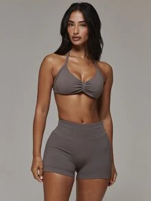 Musera Sport Ruched Front Halterneck Sports Bra With High Rise Seamless Logo Back Scrunch Bum Mini Shorts Sold As Set Sport Essentials Basics Autumn Fall Winter - Grey - View 1