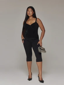 MUSERA Black Fitted Lace Back Detail Corset Top Casual Cool Basic Fall Winter Autumn - Black - View 3