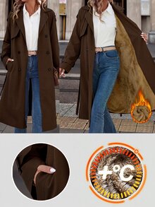 SHEIN Clasi 女款純色保暖內裡休閒百搭長袖風衣大衣 - 棕色 - 查看 6