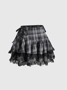 ROMWE Goth Women's Plaid Lace Trim Casual Daily Mini Skirt - Multicolor - View 1