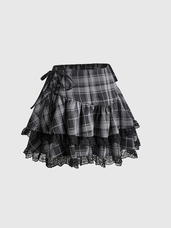 Goth Women's Plaid Lace Trim Casual Daily Mini Skirt