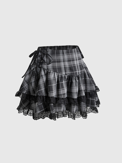 Goth Women's Plaid Lace Trim Casual Daily Mini Skirt