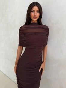 Aloruh Đầm dài lưới nhún xếp ly thanh lịch cho tiệc tùng, buổi tối, đêm giao thừa - màu nâu - Xem 1