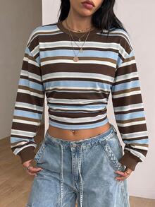 Coolane Women's Striped Crew Neck Drop Shoulder Long Sleeve Casual Cropped Sweatshirt - White - View 4