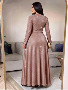 SHEIN Lady Plus Size Women's Shiny Pleated Elegant Waist-Cinched Party Dress - Brown - View 2