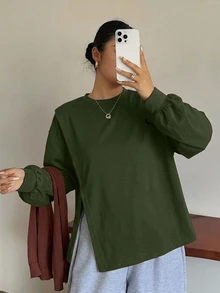 Dazy Plus White Crew Neck Solid Color Casual Versatile Side Slit Design Long Sleeve T-Shirt For Spring Summer Autumn - Army Green - View 4