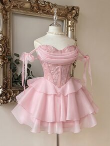 Lovelzi Elegant Luxurious Handmade 3D Applique Decorated Strapless Ruched Multi-Boning Fitted A-Line Short Formal Evening Gown For Women - Pink - View 5