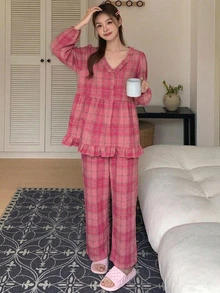 DAZY 2pcs Women's Pajama Set With V-Neck Half-Button Long Sleeve Top And Straight Leg Long Pants, Plaid With Frill Trim - Pink - View 5