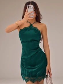 SHEIN PETITE 女款優雅浪漫約會音樂節派對聚會畢業度假洋裝，黑色緞面蕾絲飾邊細肩帶修身迷你洋裝，婚禮賓客、生日洋裝 - 墨綠色 - 查看 7