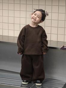 DAZY Infant (Girl) Round Neck Casual Loose Long Sleeve Sweatshirt 2 Pieces Set - Coffee Brown - View 1