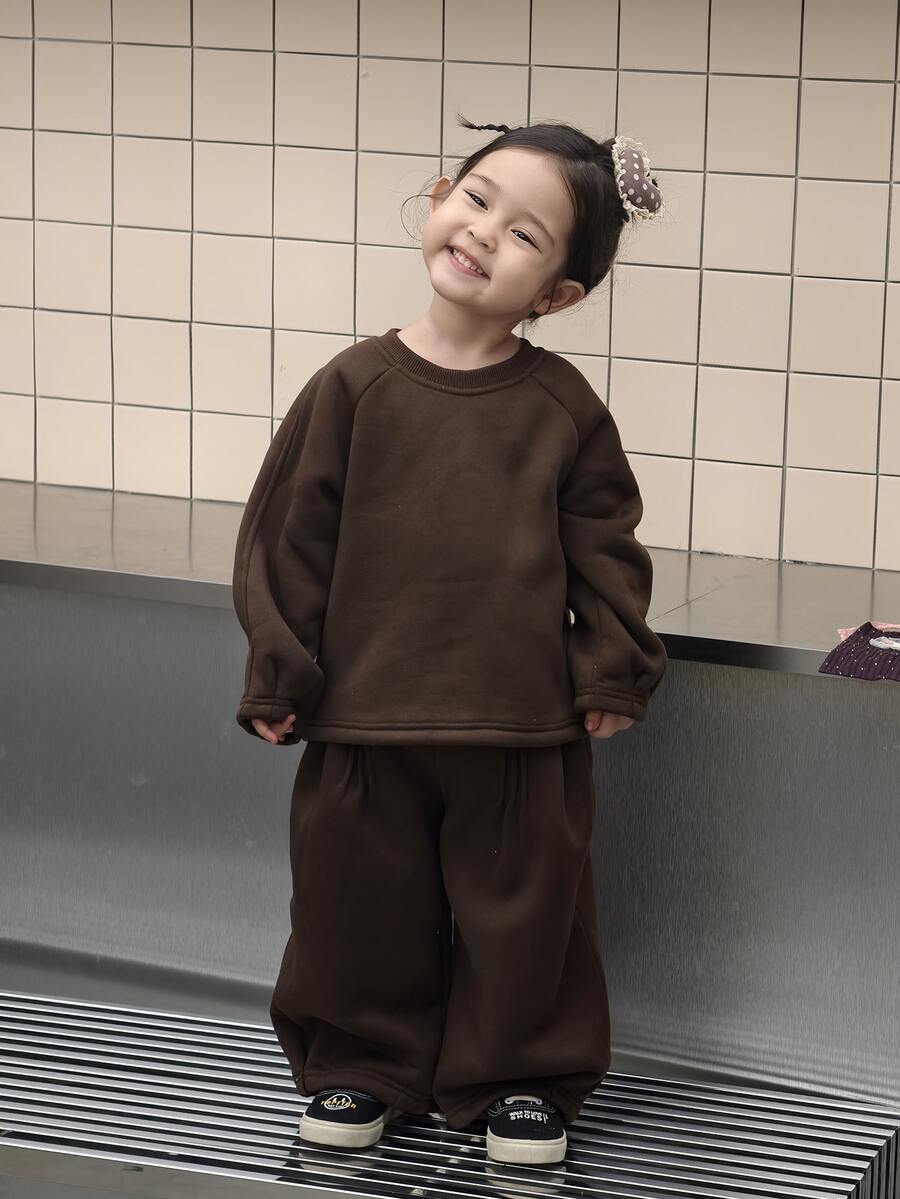 DAZY Infant (Girl) Round Neck Casual Loose Long Sleeve Sweatshirt 2 Pieces Set - Coffee Brown - View 1