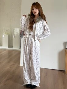 K-Vae Women's Korean Style Gentle Ditsy Floral Oversized Fur Collar Sweatshirt & Wide Leg Sweatpants Casual Versatile Set - Multicolor - View 8