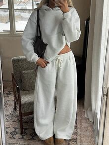 CovetEZ Women's Solid Color Fashion Minimalist Hoodie & Sweatpants Two Pieces Set - Grey - View 7