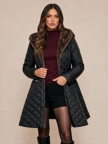 Amorya Women's Long Sleeve Zipper Front Thermal Lined Hooded Winter Jacket - Black - View 8