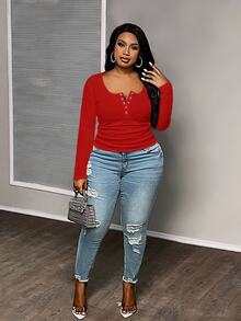Slaydiva Plus Size Casual All-Match White Slim Fit With Deep U-Neck Long Sleeve T Shirt-C - Red - View 4