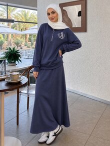 Solavon Women's Embroidered Zipper Half-Placket Sweatshirt And Long Skirt Arabic Outfit Set - Blue - View 4