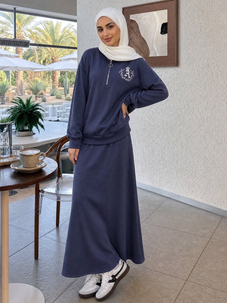 Solavon Women's Embroidered Zipper Half-Placket Sweatshirt And Long Skirt Arabic Outfit Set - Blue - View 1