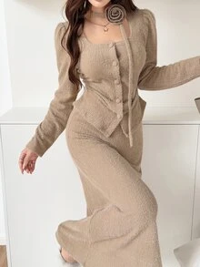 Feyla Women's Solid Color Single-Breasted Long Sleeve Top And Skirt Elegant 2 Pieces Set - Khaki - View 5