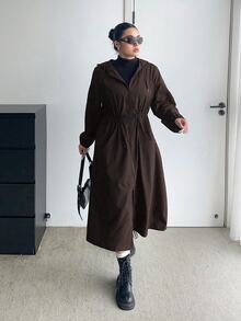 POPSWAY Plus Size Long Sleeve Hooded Jacket With Front Zipper Pockets And Drawstring Waist Fall - Coffee Brown - View 3