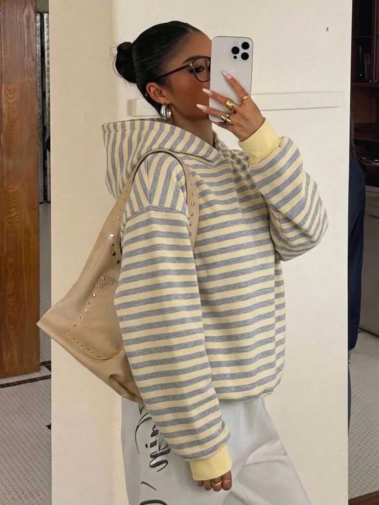 Muchica Casual Minimalist College Style Vintage Striped Print Plus Size Sweatshirt Sweatshirt, Suitable For Summer, Summer Top, Suitable For Daily Commute, Dating, Gathering, Autumn/Winter/Summer - Multicolor - View 1