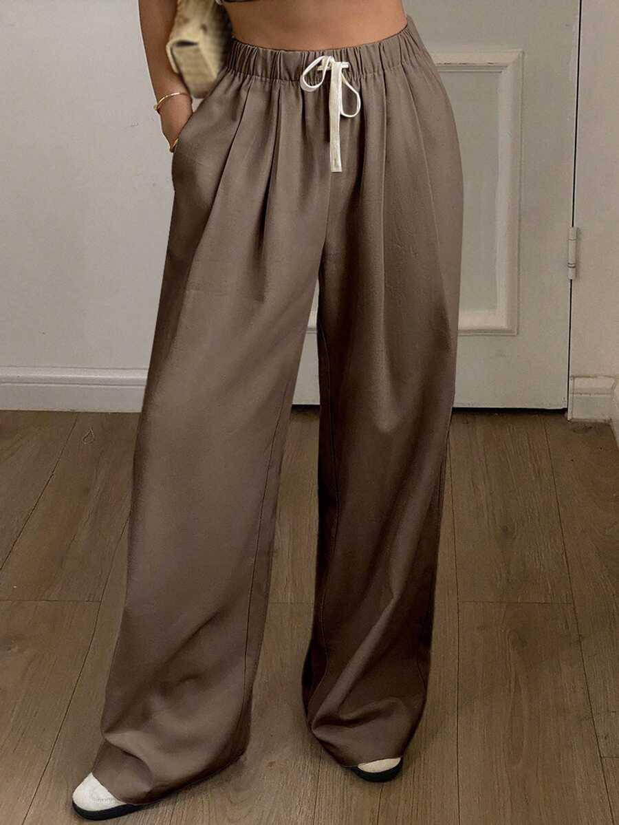 Livesso Petite Women's Solid Color Drawstring Waist Casual Daily Long Pants - Brown - View 1