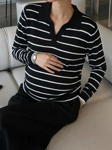 DAZY Contrast Stripe Loose Long Sleeve Collared Casual Daily Vacation Korean Style Autumn/Winter Knit Sweater For Pregnant Women - Black - View 1