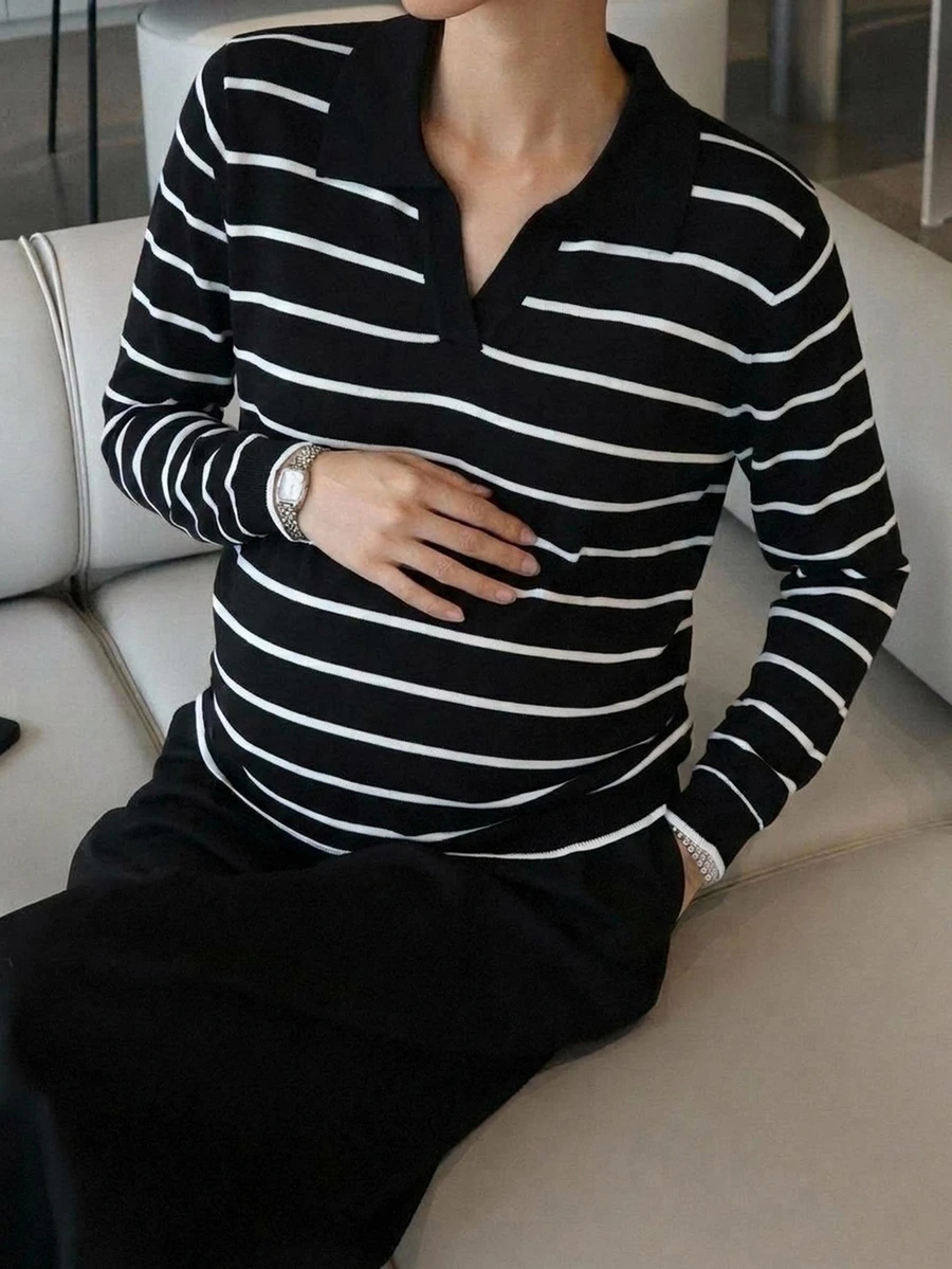 DAZY Contrast Stripe Loose Long Sleeve Collared Casual Daily Vacation Korean Style Autumn/Winter Knit Sweater For Pregnant Women - Black - View 1
