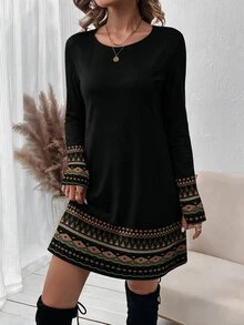 SHEIN LUNE فستان قصير نسائي مطبوع بأكمام طويلة مع حافة أساور وحاشية مزخرفة للخريف - متعدد الألوان - مشاهدة 4