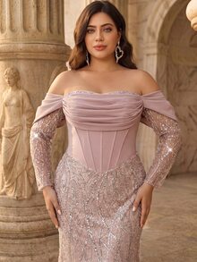 Glamrae Plus Size Elegant Luxurious Beaded Sequin Embroidered Lace Bubble Patchwork Elastic Knit Ruched Mermaid Skirt With Puff Sleeves, Suitable For Wedding Events, Bachelorette Party, Vacation, Ball, Evening Gown (Heavy Workmanship Style) - Dusty Pink - View 3