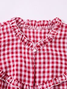 Rusticease Plus Size Korean Style Ruffle Trim Plaid Shirt - Red and White - View 5