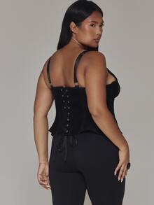 MUSERA Black Fitted Lace Back Detail Corset Top Casual Cool Basic Fall Winter Autumn - Black - View 5