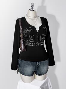 SHEIN ICON تي شيرت نسائي مقاس كبير بطبعة حروف رقمية كاجوال 2 في 1 - الأسود - مشاهدة 6