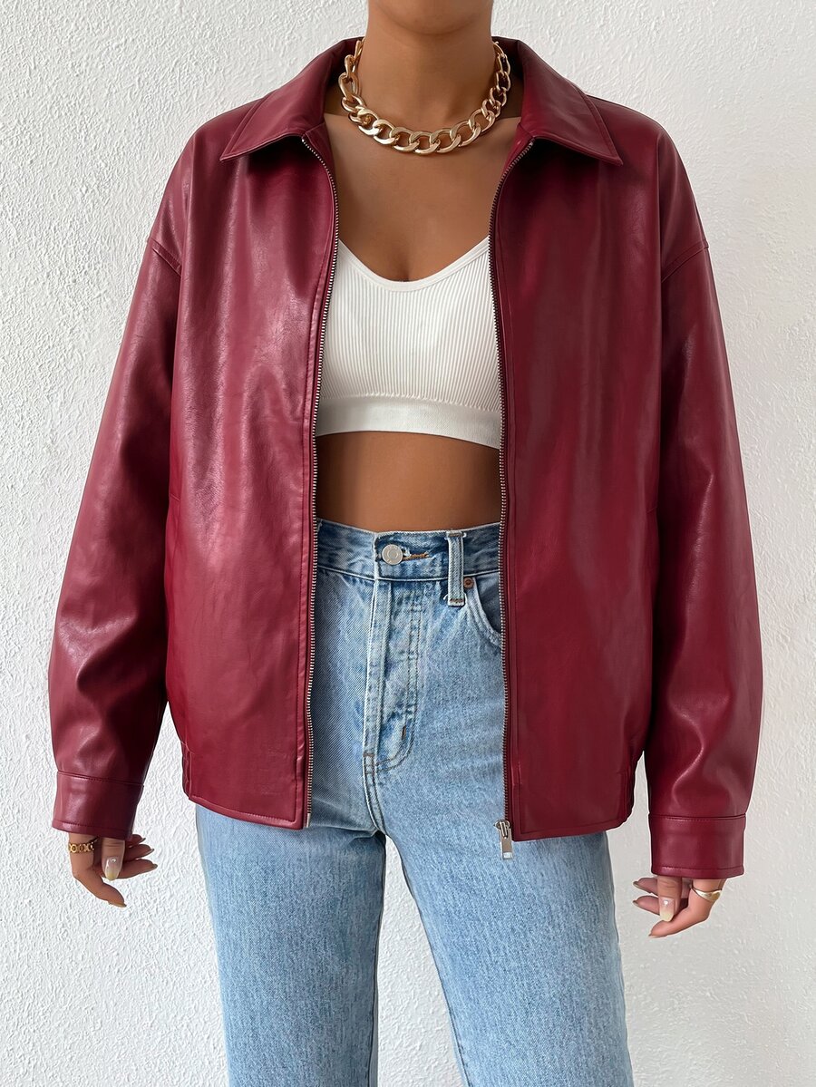 SHEIN EZwear 秋冬款落肩拉鍊PU短版皮夾克外套 - 玫瑰紅 - 查看 1