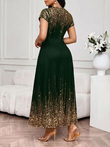SHEIN Lady Plus Size Women's Dark Green Foil Casual Elegant Party Formal Dinner Dress Wedding Summer - 墨綠色 - 查看 2