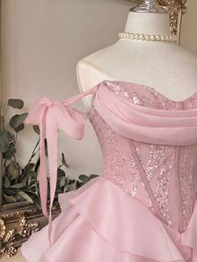 Lovelzi Elegant Luxurious Handmade 3D Applique Decorated Strapless Ruched Multi-Boning Fitted A-Line Short Formal Evening Gown For Women - Pink - View 4