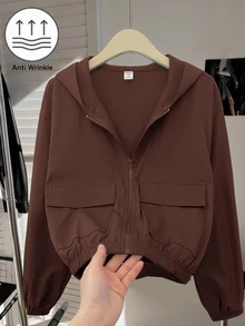 SHEIN 青少年女孩編織素色貼口袋短版寬鬆休閒連帽外套 - 棕色 - 查看 3
