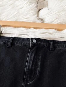 SHEIN Plus Size Black Washed Denim Wide Leg Long Pants, 1/2 Elastic Waist, Front Center Opening, Side Seam Pockets, Regular Back, Drapey Casual Versatile Floor-Length Pants - Black - View 3