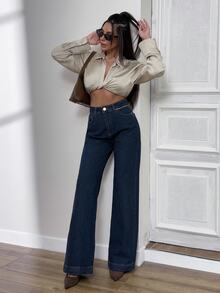 SHEIN Warm Fabric High Waist Casual Style Dark Blue Raw Wash Regular Fit Button Front Straight Jean - Dark Wash - View 5