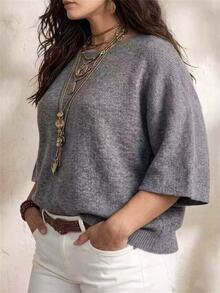 SHEIN Plus Size Grey Loose Drop Shoulder 3/4 Sleeve Casual Commute Artistic Style Relaxed Fit Crew Neck Top - Grey - View 4