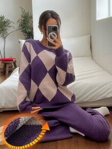 DAZY Women's Fashion Colorblock Long Sleeve Top And Pants Pajama Set - Purple - View 1