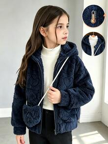 Elladie kids 女童毛絨外套，3D愛心紋理圖案，柔軟可愛，增添甜美女孩魅力，毛絨材質，觸感柔軟，穿著舒適，保暖效果佳，適合秋冬寒冷天氣，附可愛配色斜挎包，設計精巧時尚，實用又時尚 - 寶藍色 - 查看 1