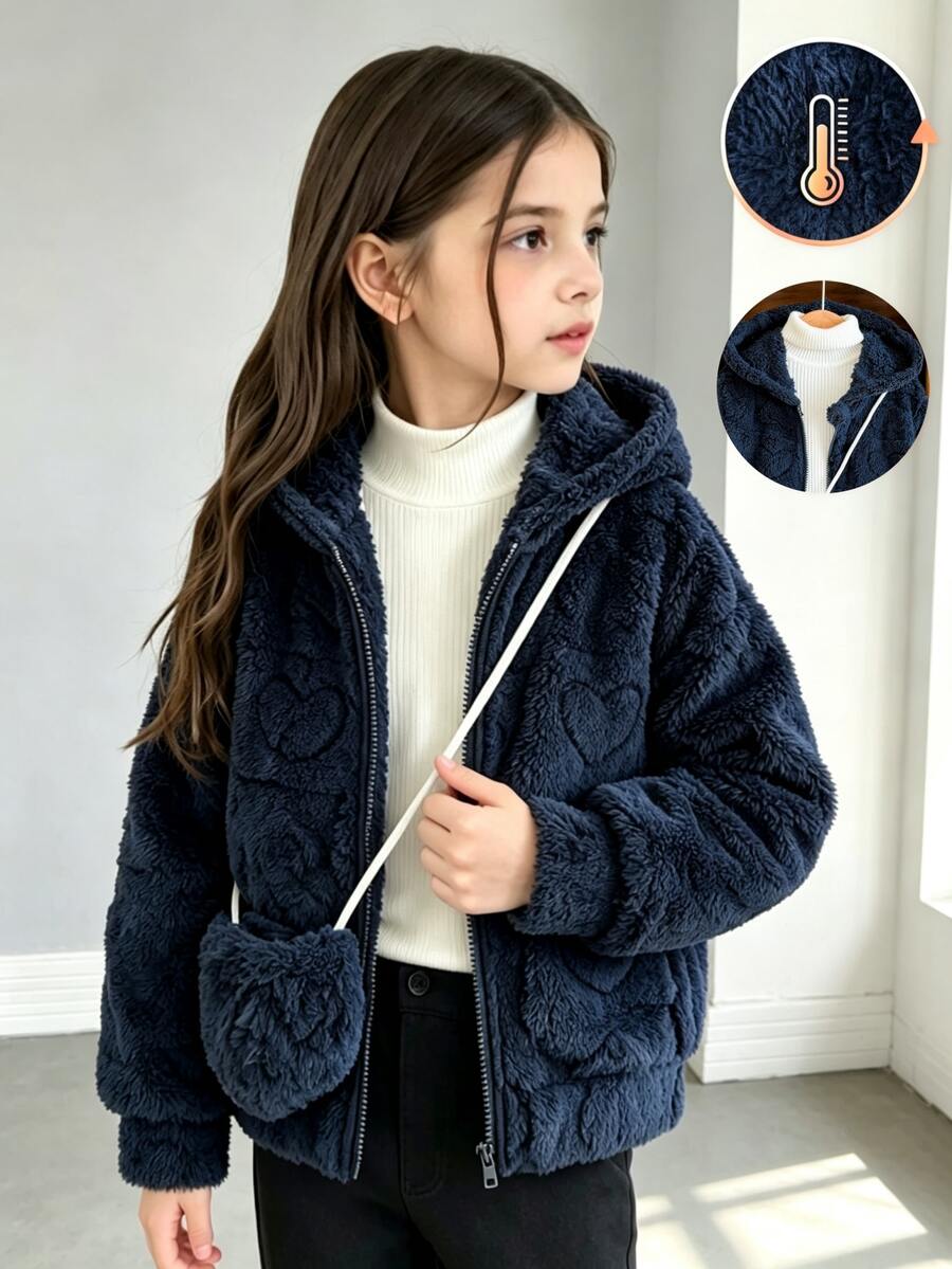 Elladie kids 女童毛絨外套,3D愛心紋理圖案,柔軟可愛,增添甜美女孩魅力,毛絨材質,觸感柔軟,穿著舒適,保暖效果佳,適合秋冬寒冷天氣,附可愛配色斜挎包,設計精巧時尚,實用又時尚 - 寶藍色 - 查看 1