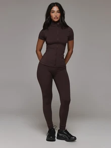 Musera Sport Zip Through High Neck Short Sleeve Logo Back Fitted BBL Active Jacket Sport Essentials Basics Gym Workout Autumn Fall Winter - Coffee Brown - View 3