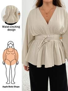Shapeblank Women's Plus-Size Apricot Long-Sleeve V-Neck Shirt With A Waist-Cinching Design-Stylish, Elegant, And Suitable For Everyday Wear In Spring And Autumn - Apricot - View 1