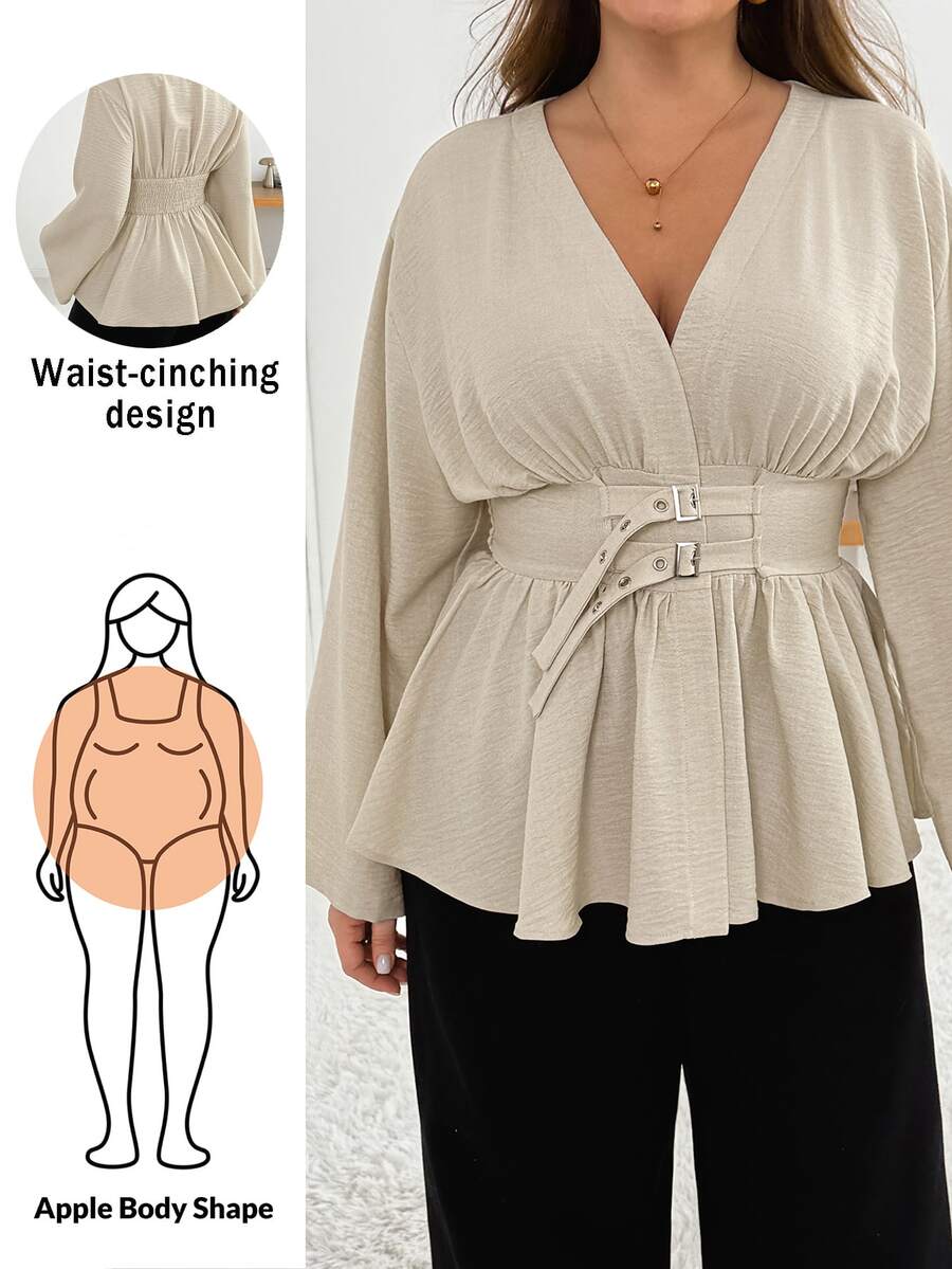 Shapeblank Women's Plus-Size Apricot Long-Sleeve V-Neck Shirt With A Waist-Cinching Design-Stylish, Elegant, And Suitable For Everyday Wear In Spring And Autumn - Apricot - View 1