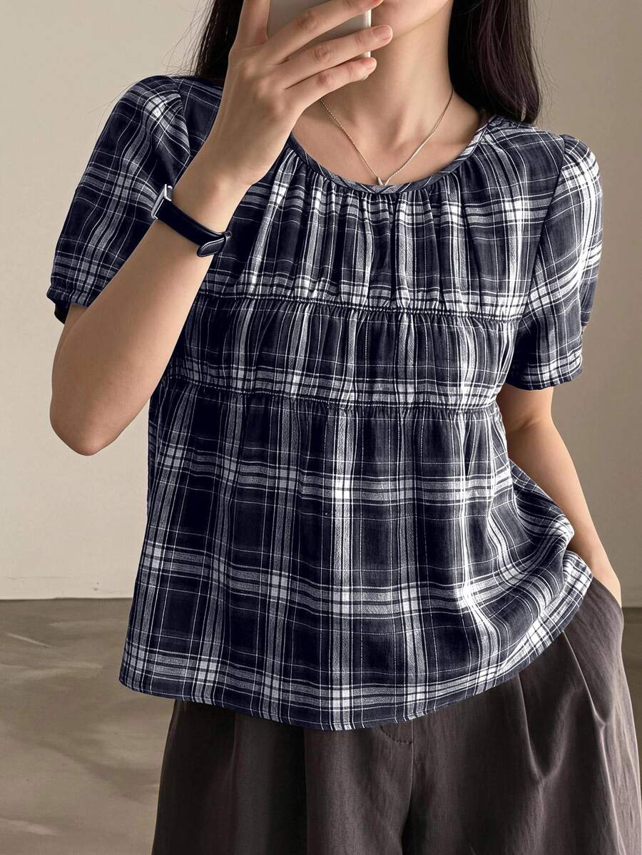 Yumoku 女款休閒夏季格紋短袖襯衫 - 藏蓝色 - 查看 1