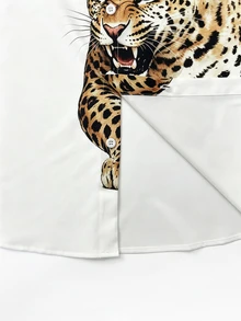 Resyla Men Men's Solid Color Turn Collar Letter & Tiger Print Short Sleeve Shirt - White - View 5