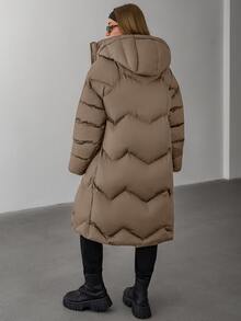 EURMUSE Women Solid Color Contrast WhiteColor Lining Detailed Long Winter Coats - Cream - View 2