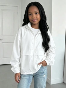 SHEIN Kids Tween Girl Casual Street Style Hooded Zip-Up Autumn Winter Jacket With Pockets, Drawstring Hem, Long Sleeve, Woven Solid Color - White - View 8
