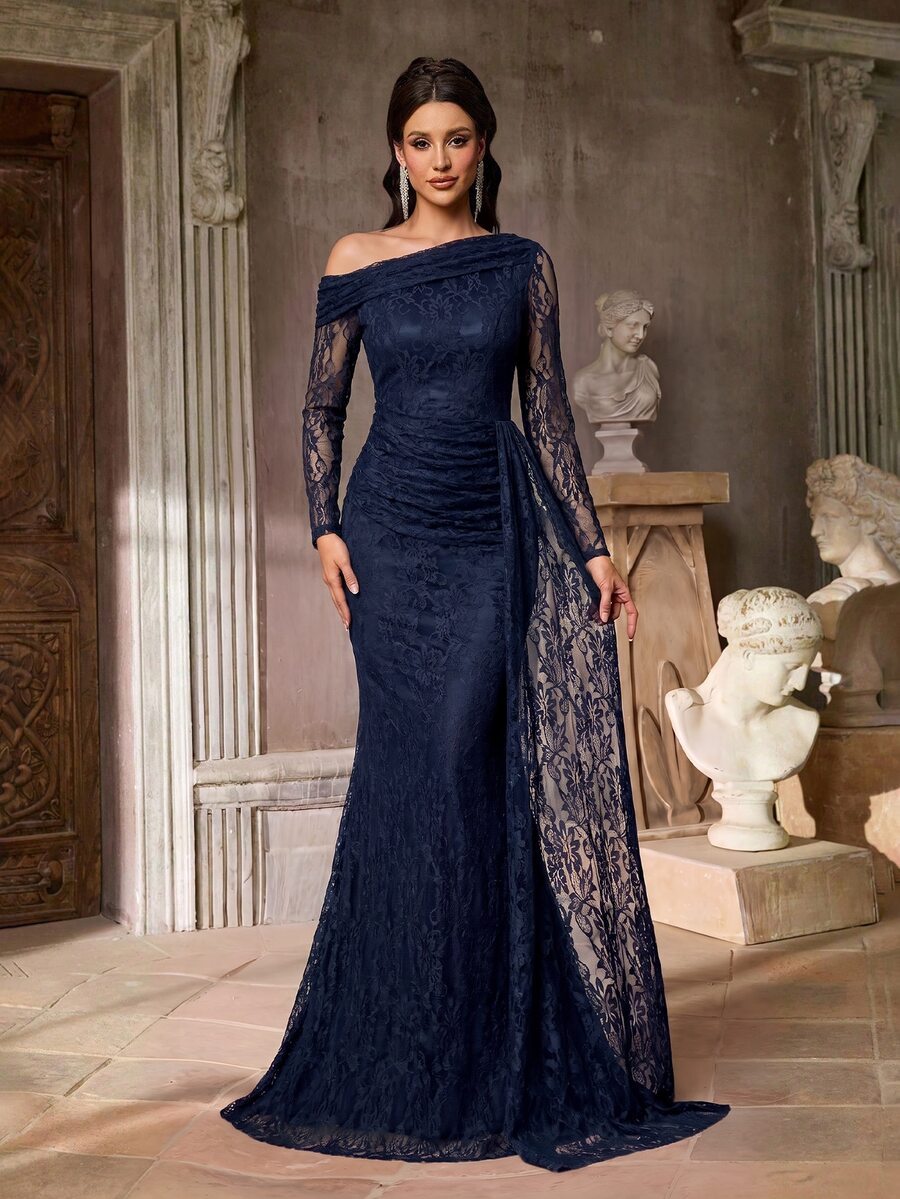 Aureia Rok Duyung Wanita dengan Lengan Transparan dan Detail Renda, Cocok untuk Acara Pernikahan, Pesta Lajang, Liburan, Prom, dan Gala Malam. - Navy Blue - View 1
